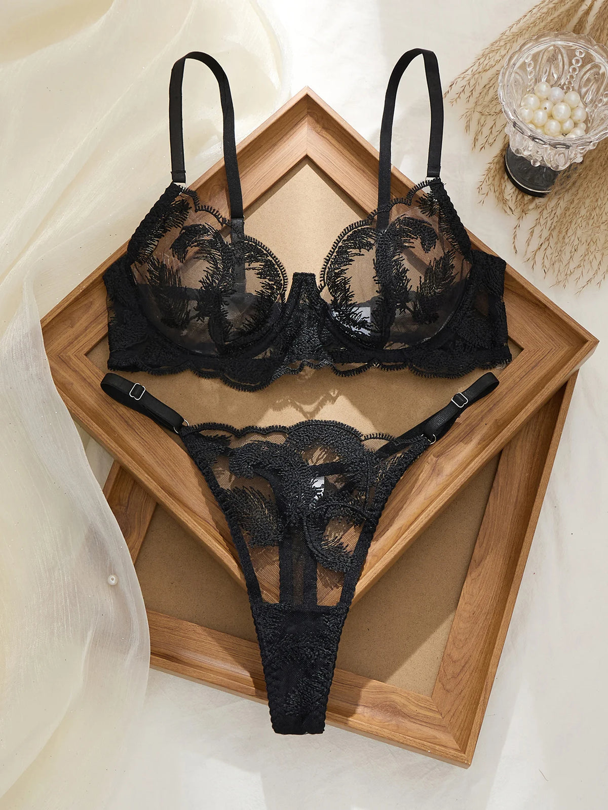 Women's Black Feather Detail Lingerie Set