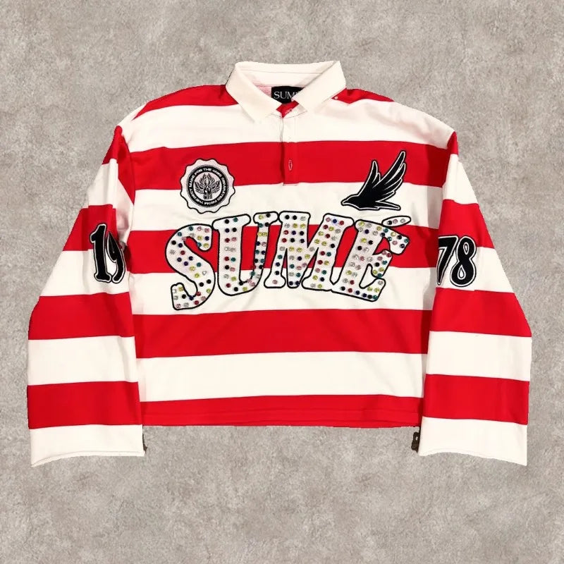 Y2K Retro Long Sleeve Polo Stripe Sume Embroidery Pattern Shirt Men Trend Sport Hip Hop Casual Streetwear Unisex Boxy Clothing