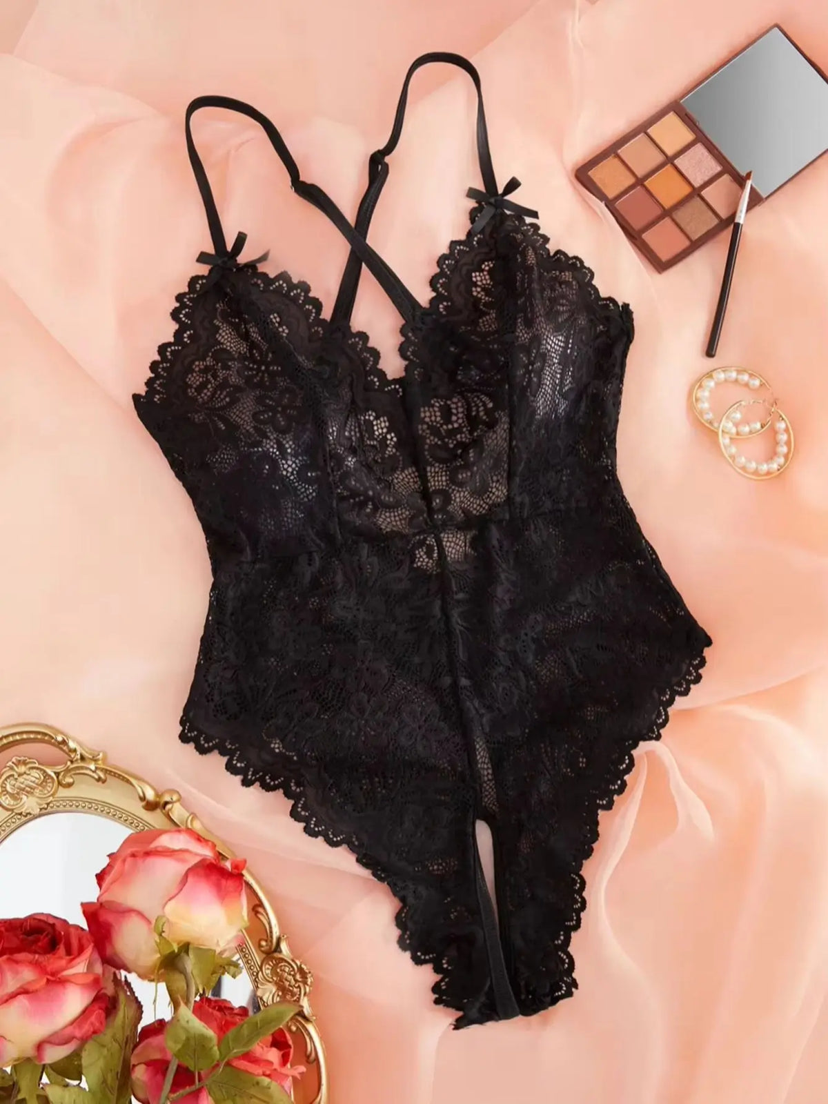 Black Floral Mesh Lace Bodysuit