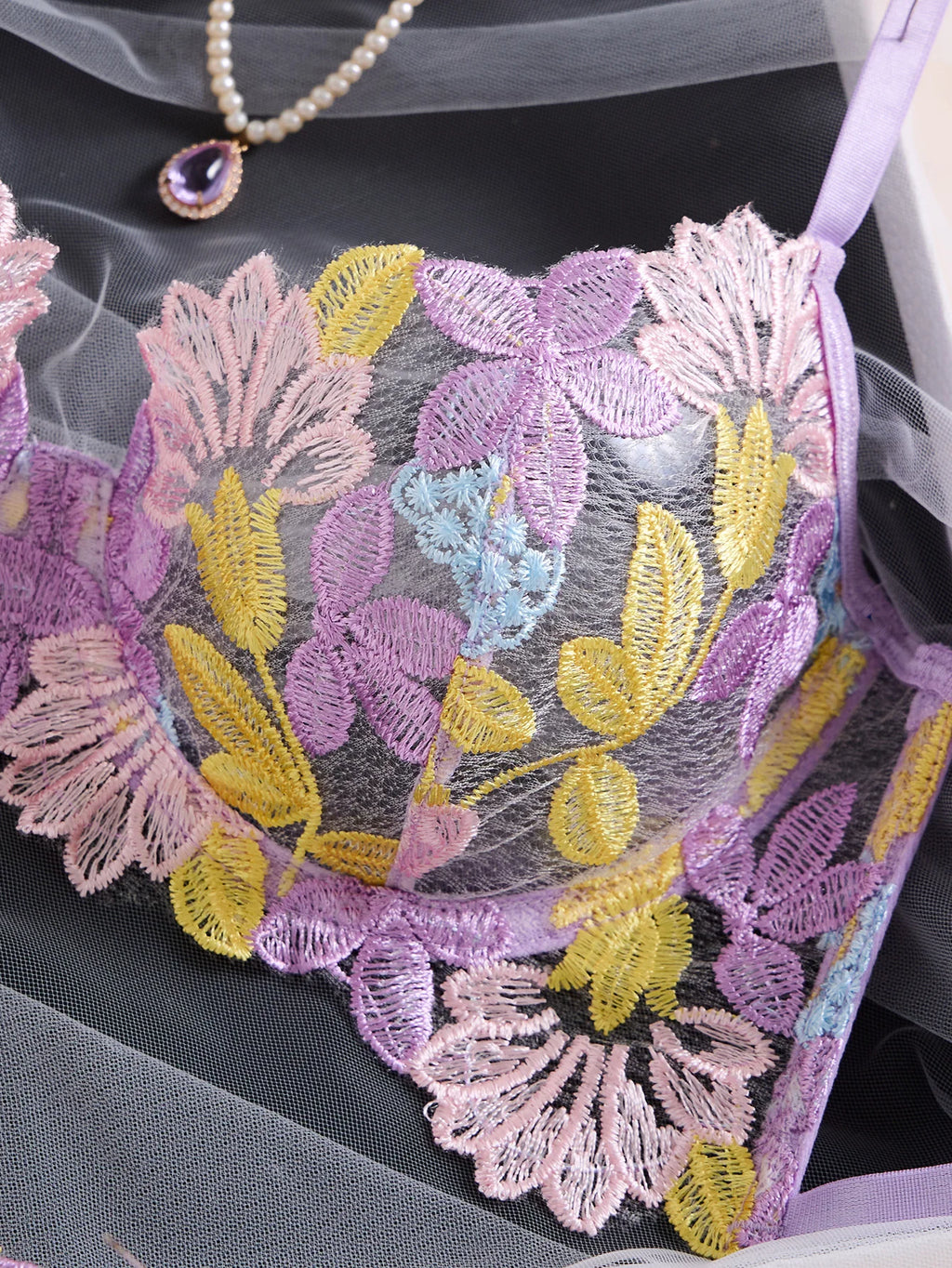 Pastel Purple Floral Embroidered Bra & Thong Set