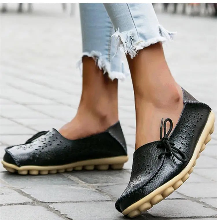 Women's Leather Ballet Flats — Hollow Slip-On Ballerina Shoes