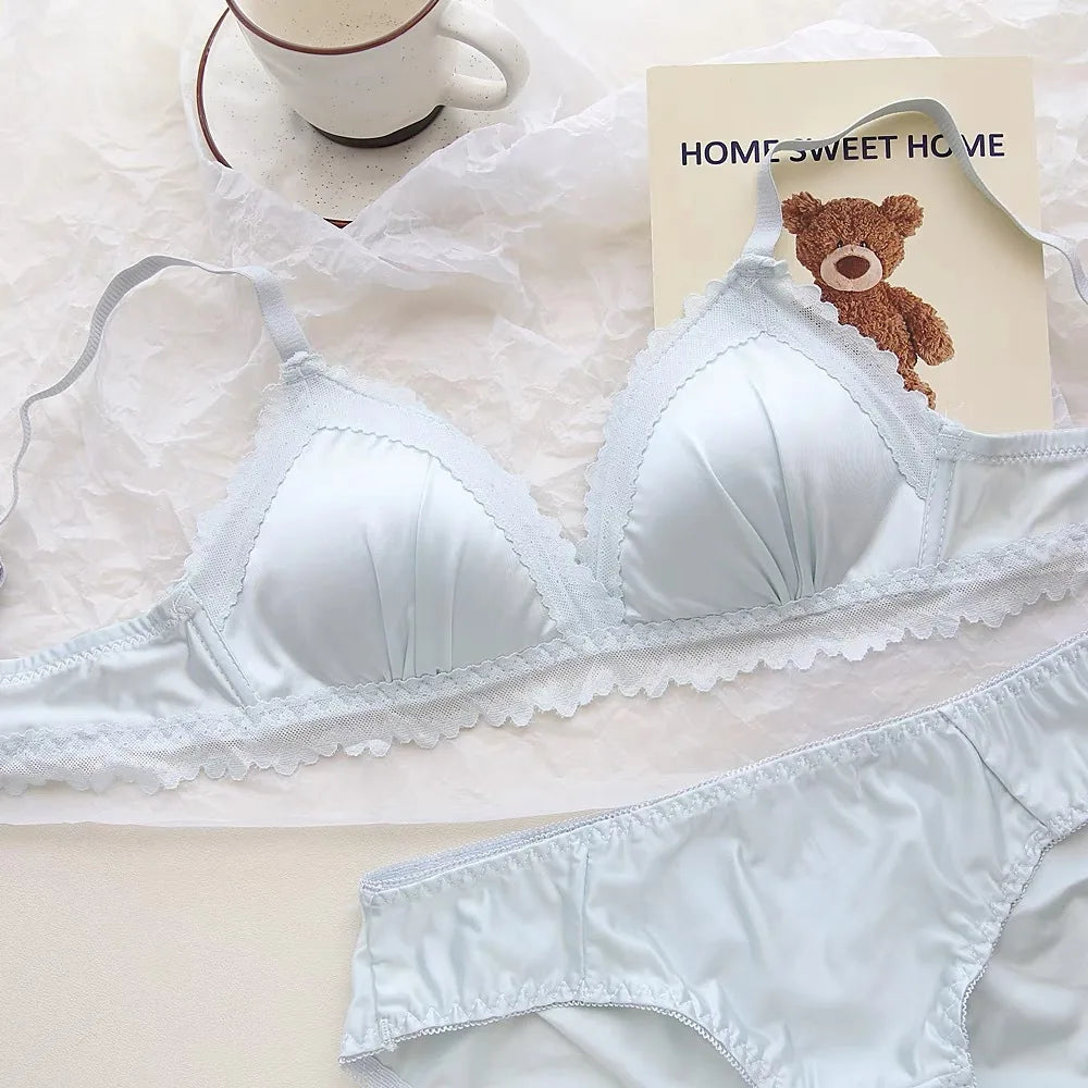 Sexy Lace Bra Set Teenage Thin Section Underwear Female Satin Lace Sweet Pure Desire Gathered Anti-Sagging Triangle Cup Bra