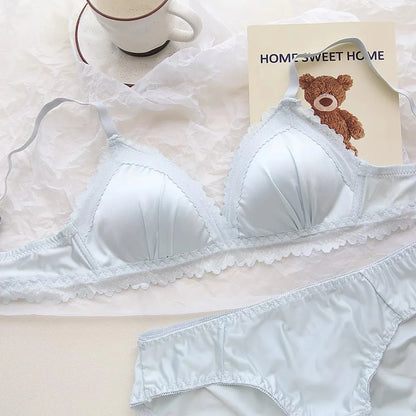 Sexy Lace Bra Set Teenage Thin Section Underwear Female Satin Lace Sweet Pure Desire Gathered Anti-Sagging Triangle Cup Bra