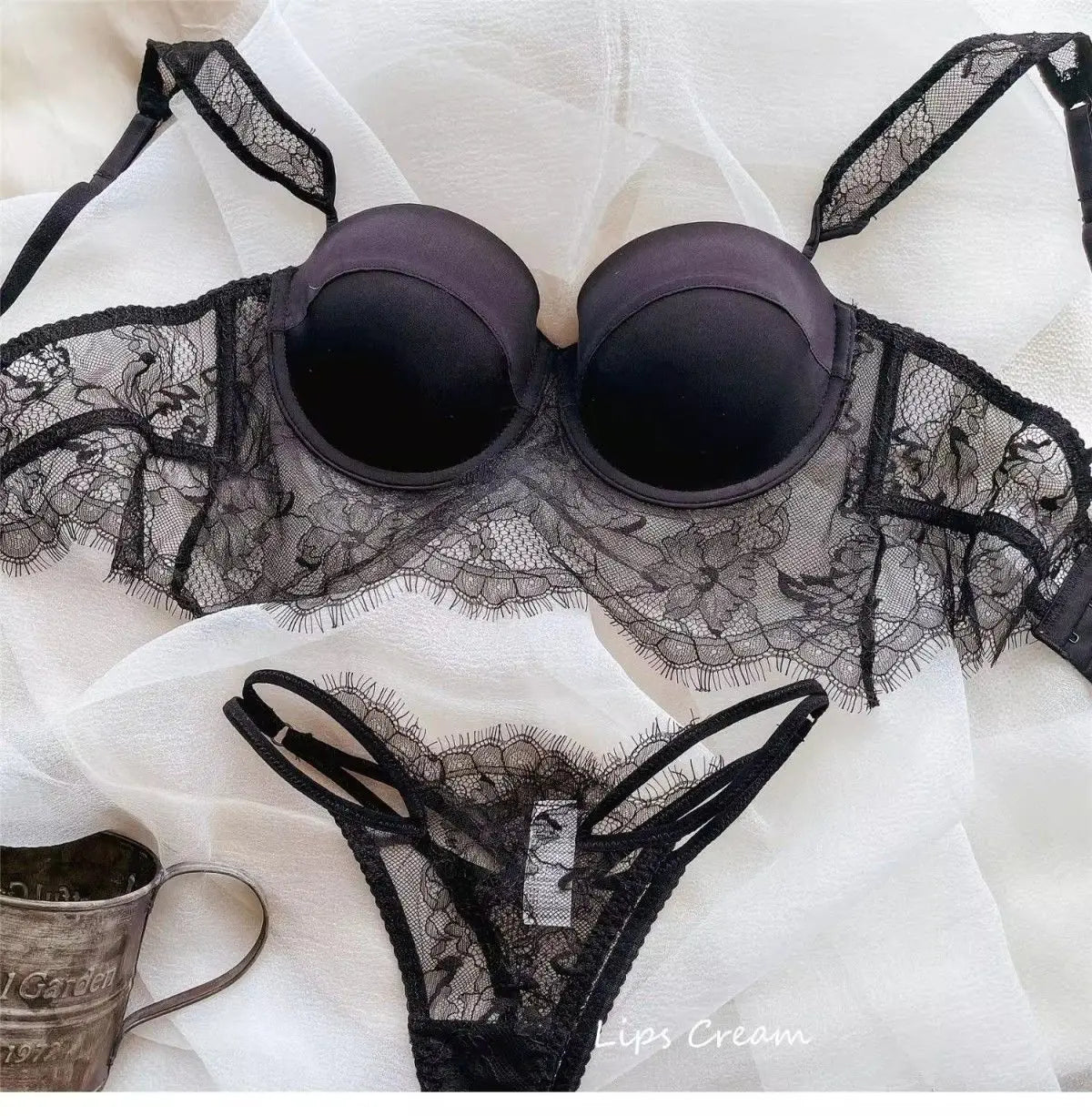 Sexy Lace Underwear Female Poly Poly Thin Soft Steel Ring up Support Anti-Sagging Collect Vice Breasts Solid Color Back Bra Set