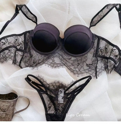 Sexy Lace Underwear Female Poly Poly Thin Soft Steel Ring up Support Anti-Sagging Collect Vice Breasts Solid Color Back Bra Set