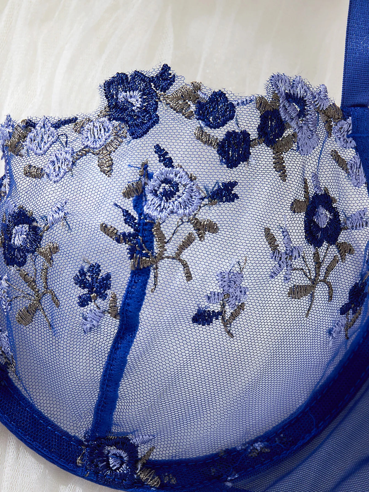 Blue Floral Embroidered Underwire Bra & Thong Set
