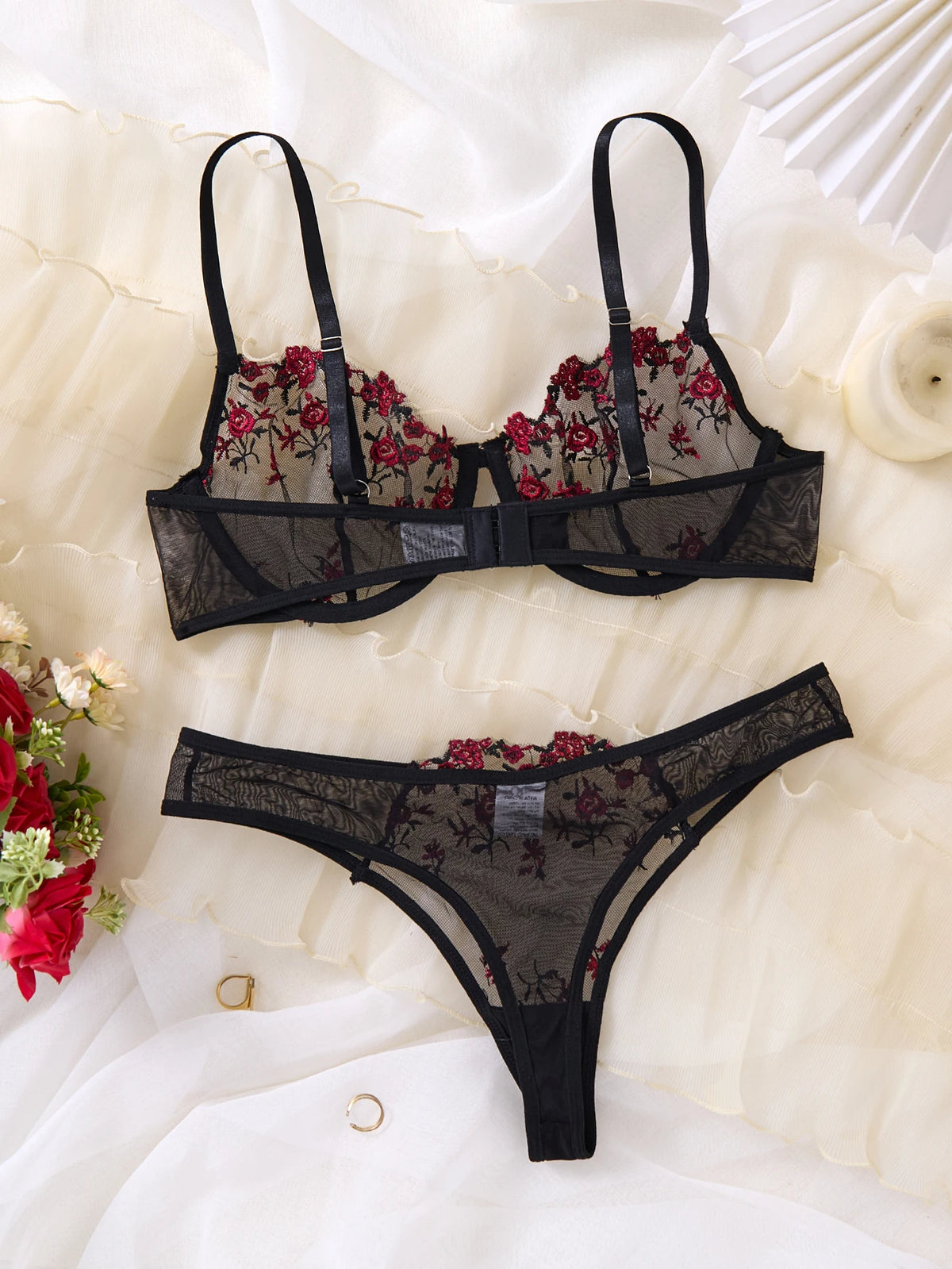 Black & Red Floral Embroidered Bra & Thong Set