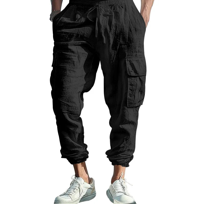 Amazon Cross-Border Cotton and Linen Tied Feet Multi-Pocket Tether Solid Color Loose Drawstring Trousers