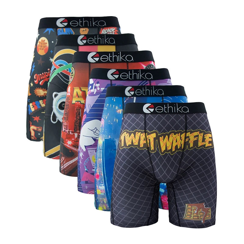 ETHIKA 6Pcs Men Underwear Boxers Breathable Mesh Man Swimming Underpants Plus Size Printed Mens Panties Sexy Men's Boxershorts