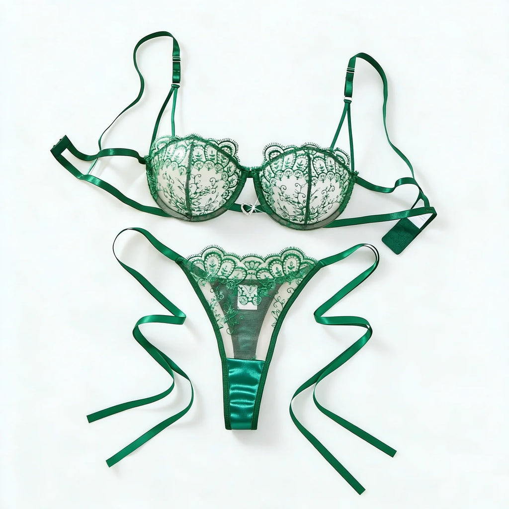 Dark Green Floral Embroidered Bra & Tie-Side Thong Set