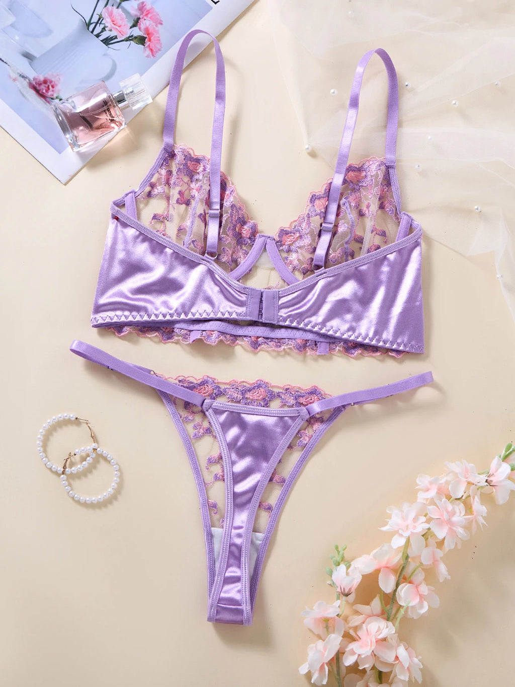 Purple Floral Embroidered Bra & Thong Set