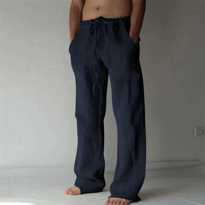 Men's Casual Pants Daily Wear Solid Summer Full Length Soft Linen Pants Mid Waist Pocket Drawstring Trousers Streetwear Bottoms