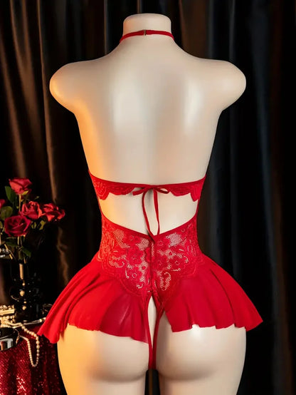 Front Clasp Open Bra Porn Lingerie Corset Deep V Sexy Crotchless Claret Underwear Women Lace Hollow Bras Hot Baby Doll Dress