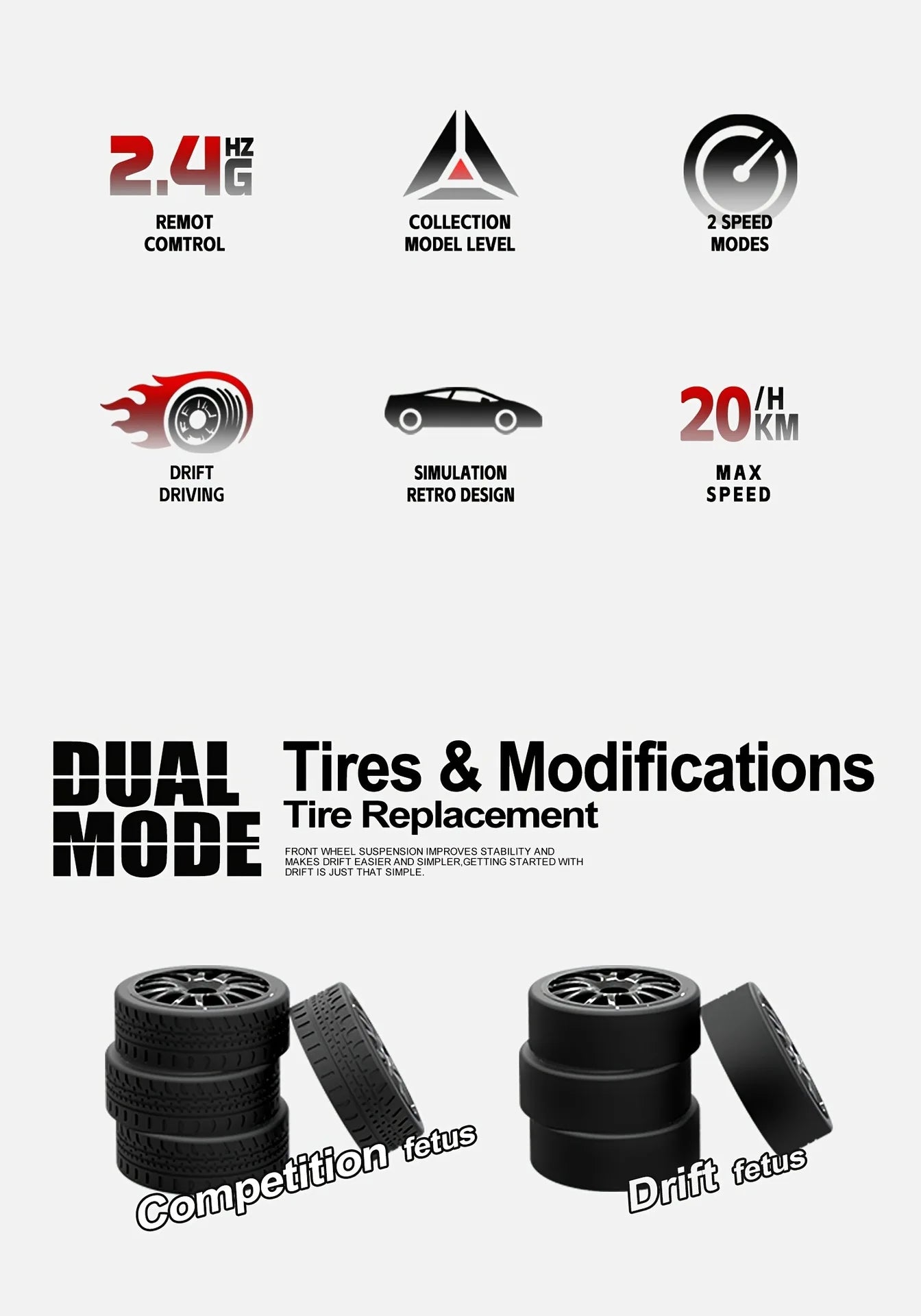 RC Drift Car 1:24 Remote Control Car for Adult 20KM/H 4WD High Speed RC Cars with LED Lights Extra Drifting Tires Vehicle Toy