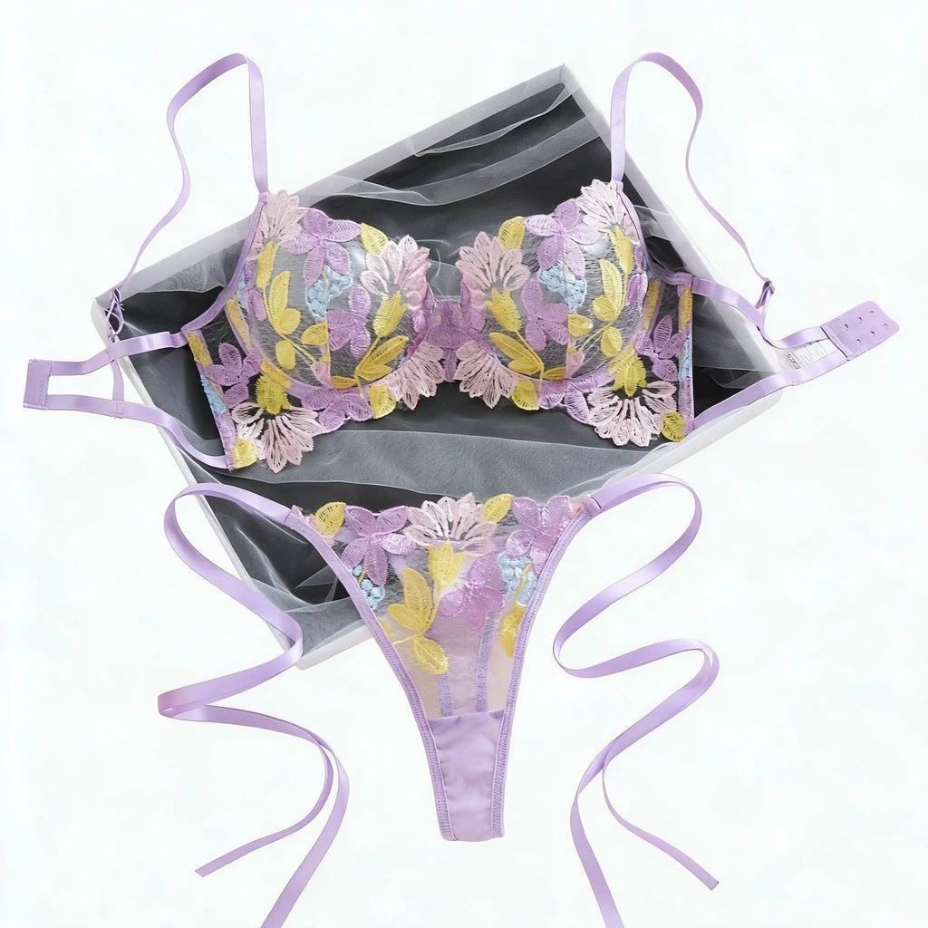 Pastel Purple Floral Embroidered Bra & Thong Set