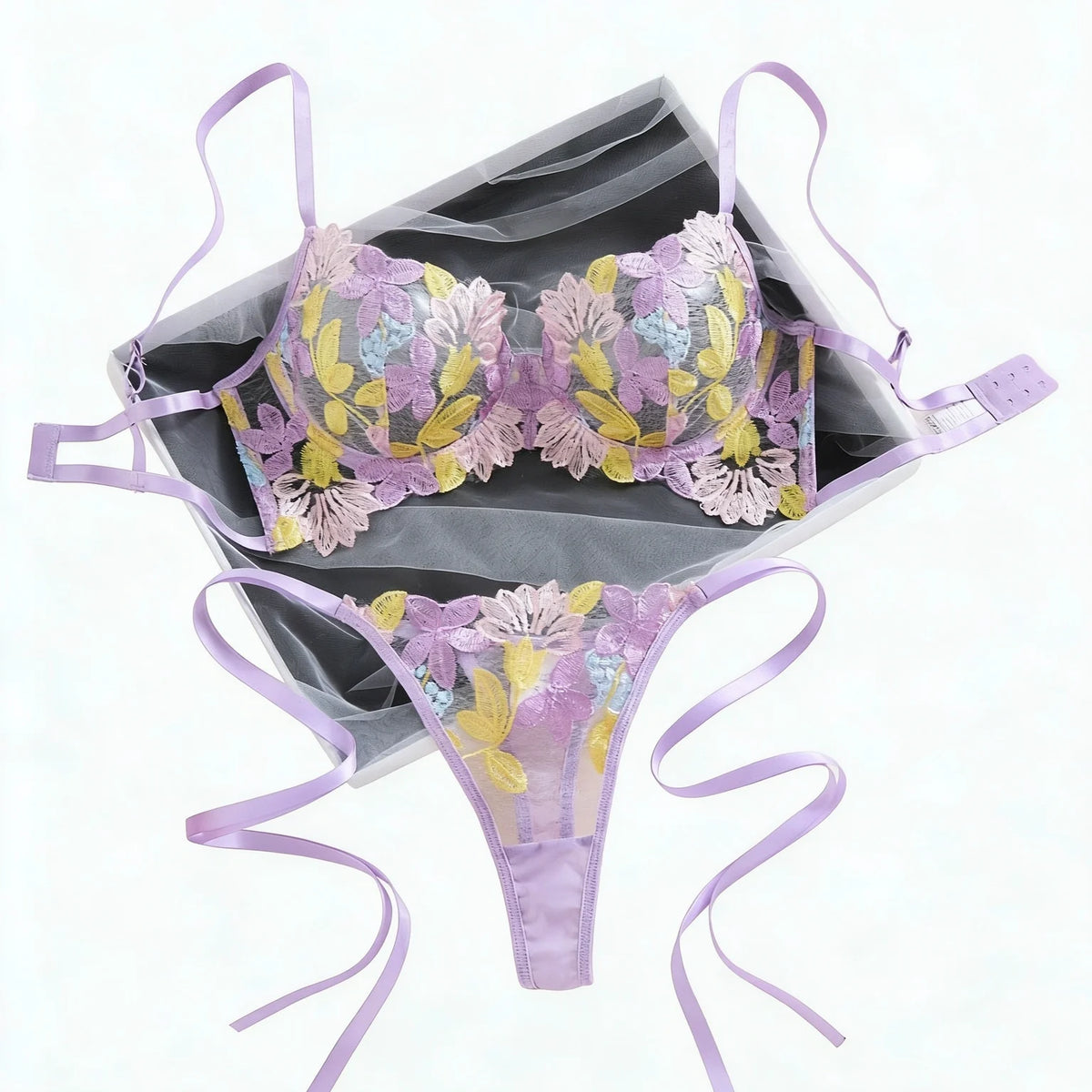 Pastel Purple Floral Embroidered Bra & Thong Set