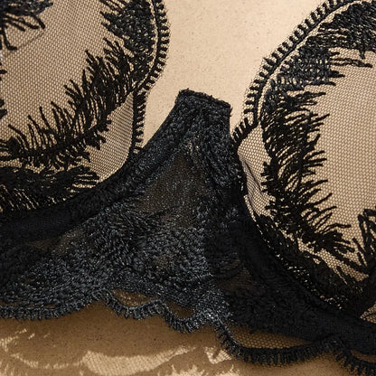 Women's Black Feather Detail Lingerie Set
