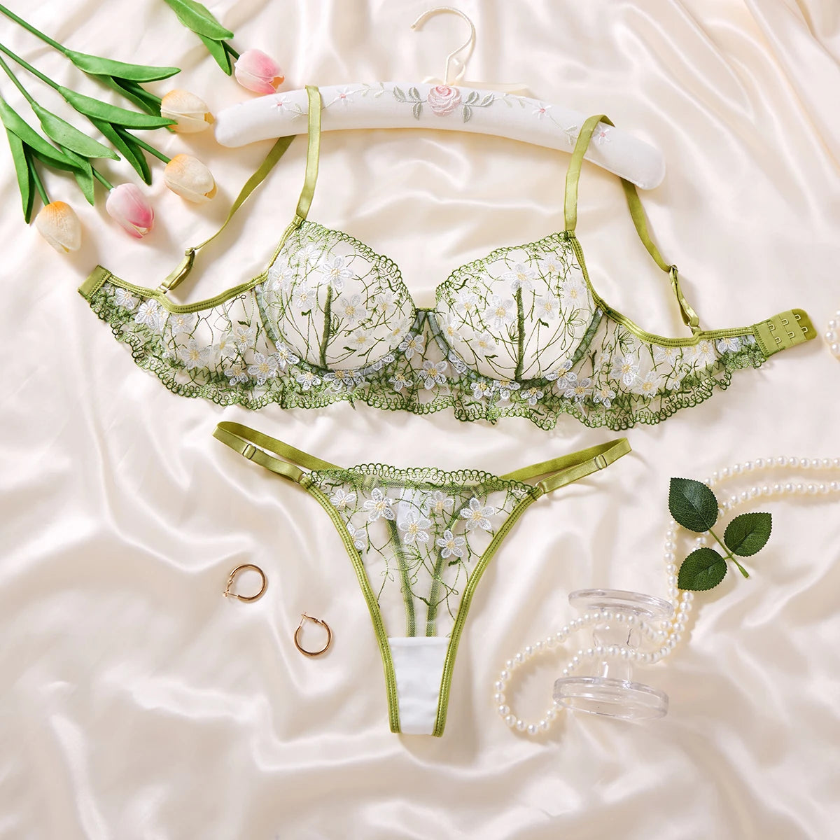 Green Floral Embroidered Bra & Thong Set