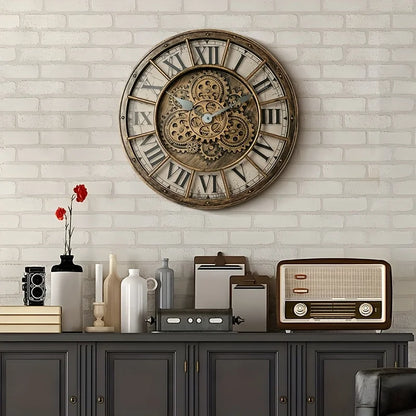 46cm Real Moving Gears Wall Clock Large Industrial Steam Punk Roman Numeral Wall Clock Living Room Home Decoration Quartz Clock