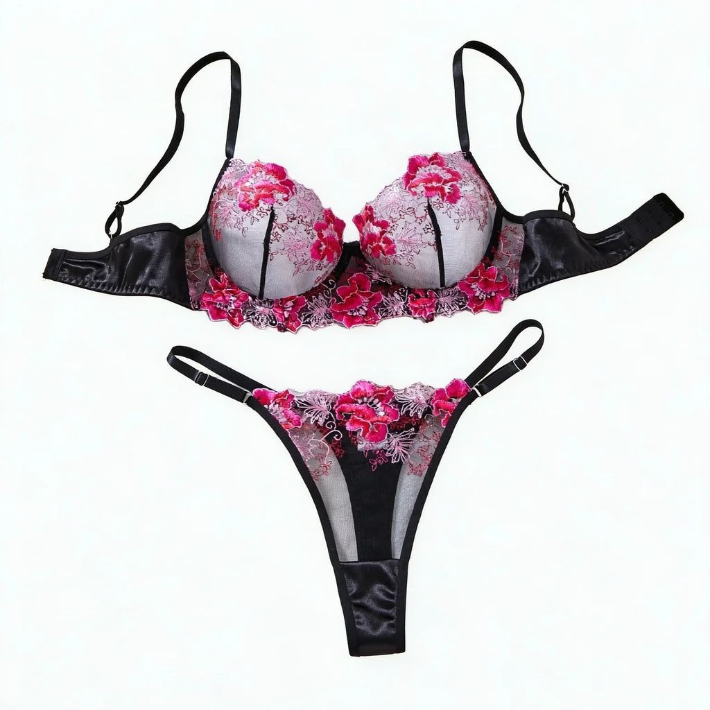Hot Pink Floral Embroidered Bra & Thong Set