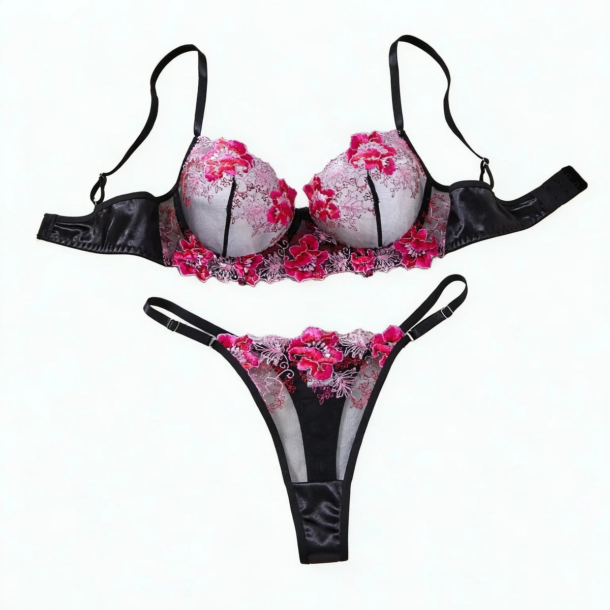 Hot Pink Floral Embroidered Bra & Thong Set