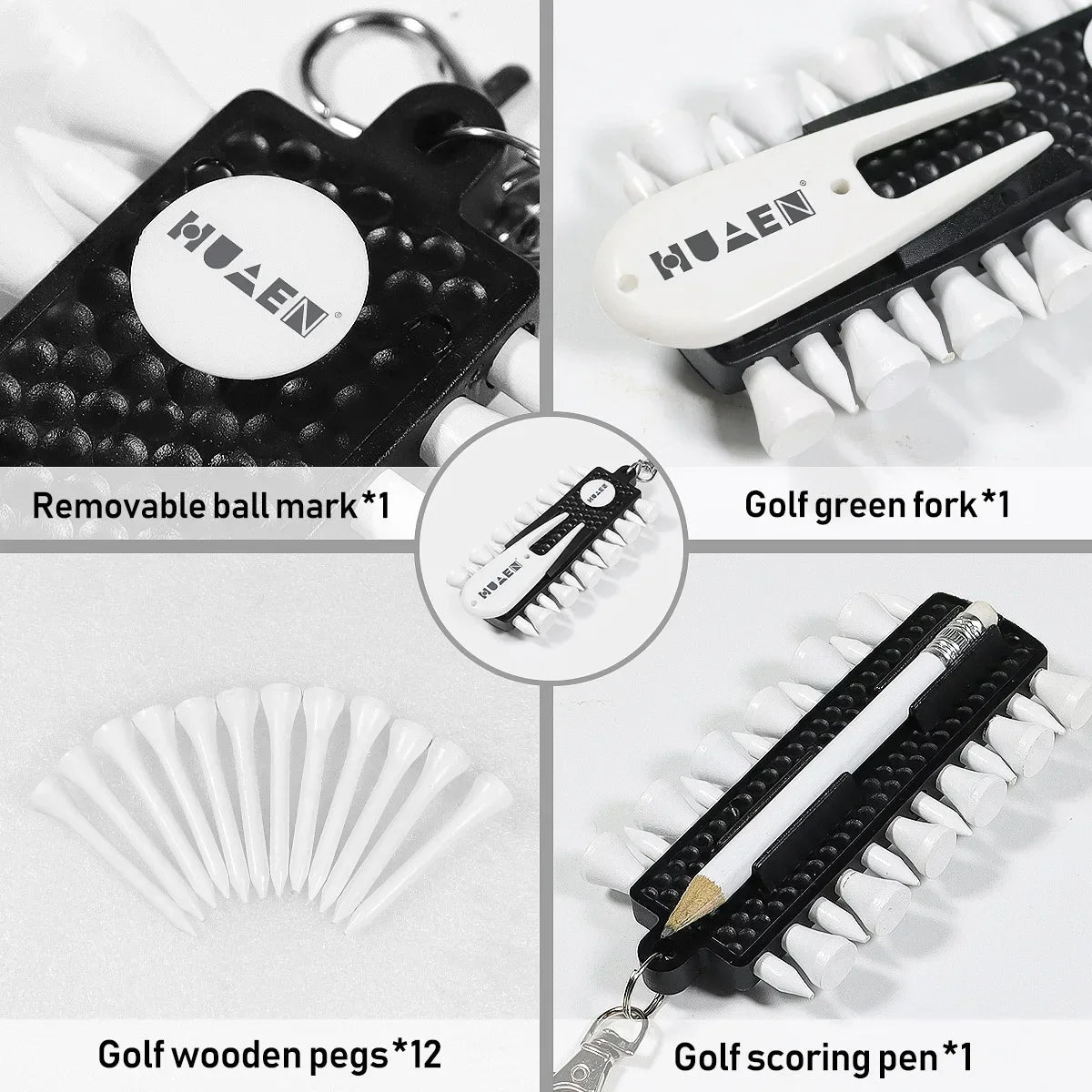 Golf Tees Rack with 12pcs Tees Green Fork and Pencil Portable Golf Accessory Storage Device TC001