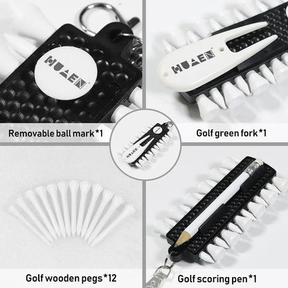 Golf Tees Rack with 12pcs Tees Green Fork and Pencil Portable Golf Accessory Storage Device TC001