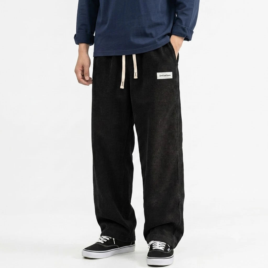 Men's Solid Corduroy Baggy Pants Casual Loose Straight Leg Trousers Elastic Waist Drawstring Streetwear Male Autumn Bottoms Man