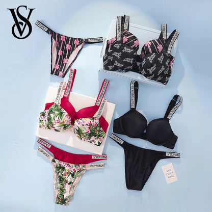 Victoria s Secret Rhinestone Logo Shoulder Straps Lace Underwear Sexy Lingerie Set Push Up Bra And Panties Set For Women