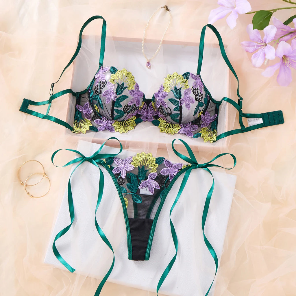 Green Multicolor Floral Embroidered Bra & Thong Set