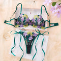 Green Multicolor Floral Embroidered Bra & Thong Set
