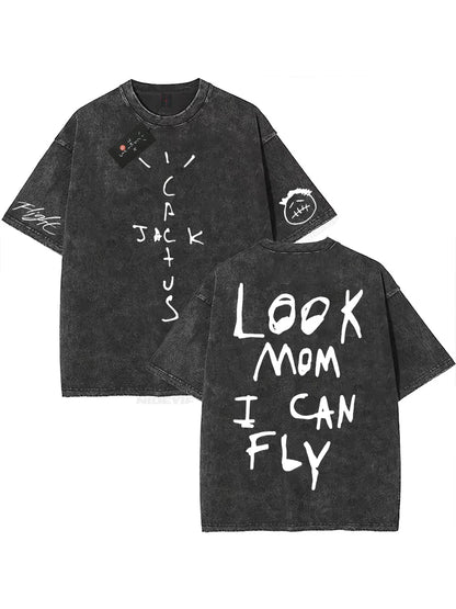 100% Cotton Oversized T Shirt For Men Women HipHop Washed T Shirts cactus jack Short Sleeve Gift Tops look mom i can fly K39