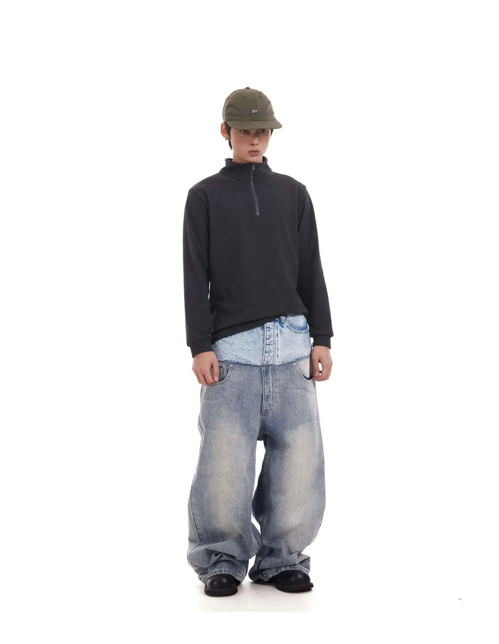 PFNW Niche Colorblock Patchwork Wide Leg Blue Jeans Men's Spring 2025 New Straight Double Waist Design Denim Trousers 28W6048
