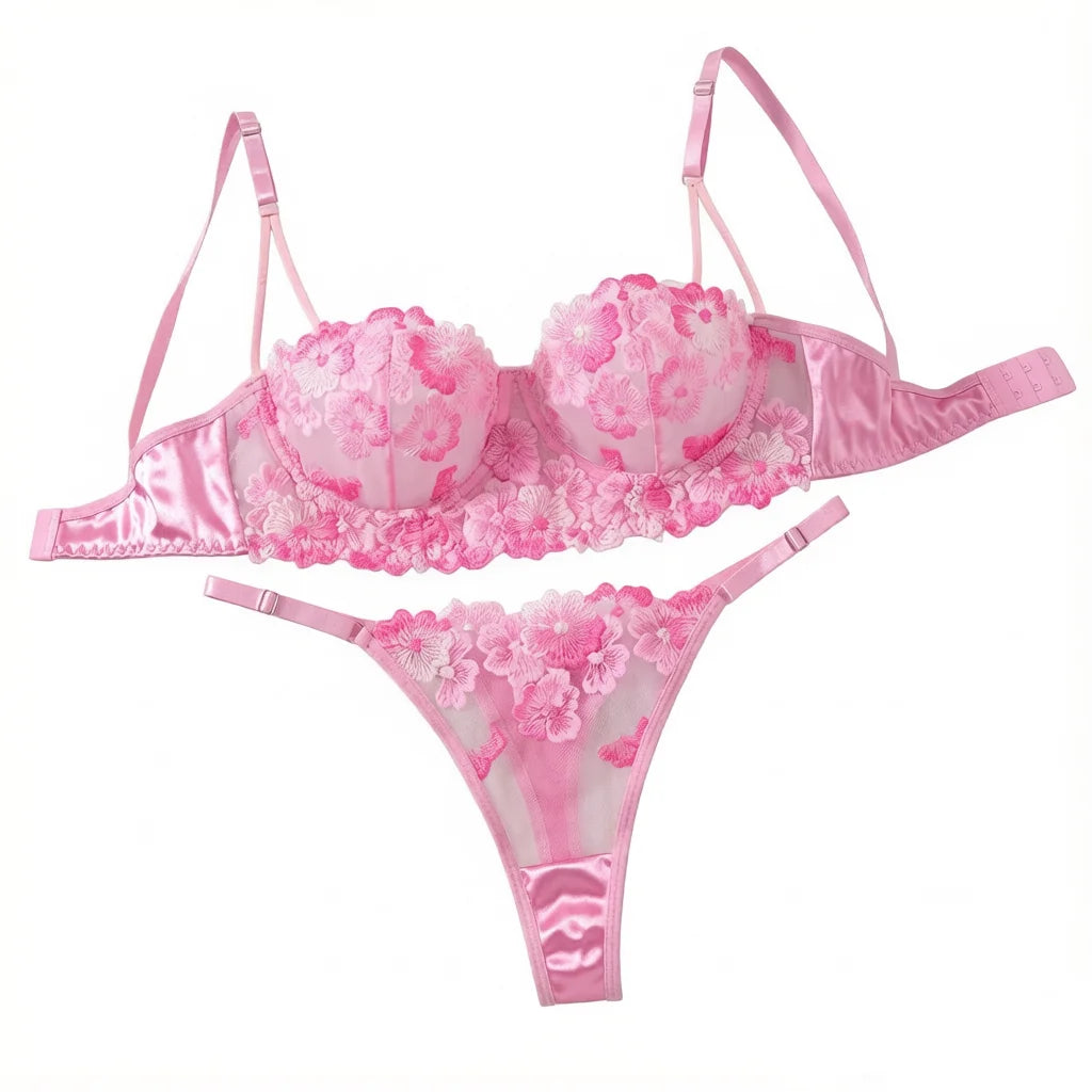 Pink 3D Floral Embroidered Bra & Thong Set