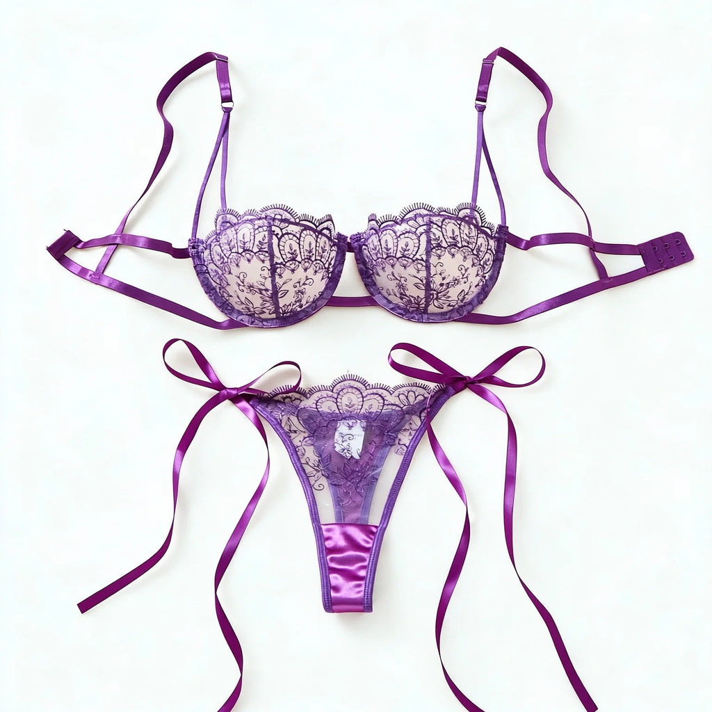 Purple Floral Embroidered Bra & Tie-Side Thong Set