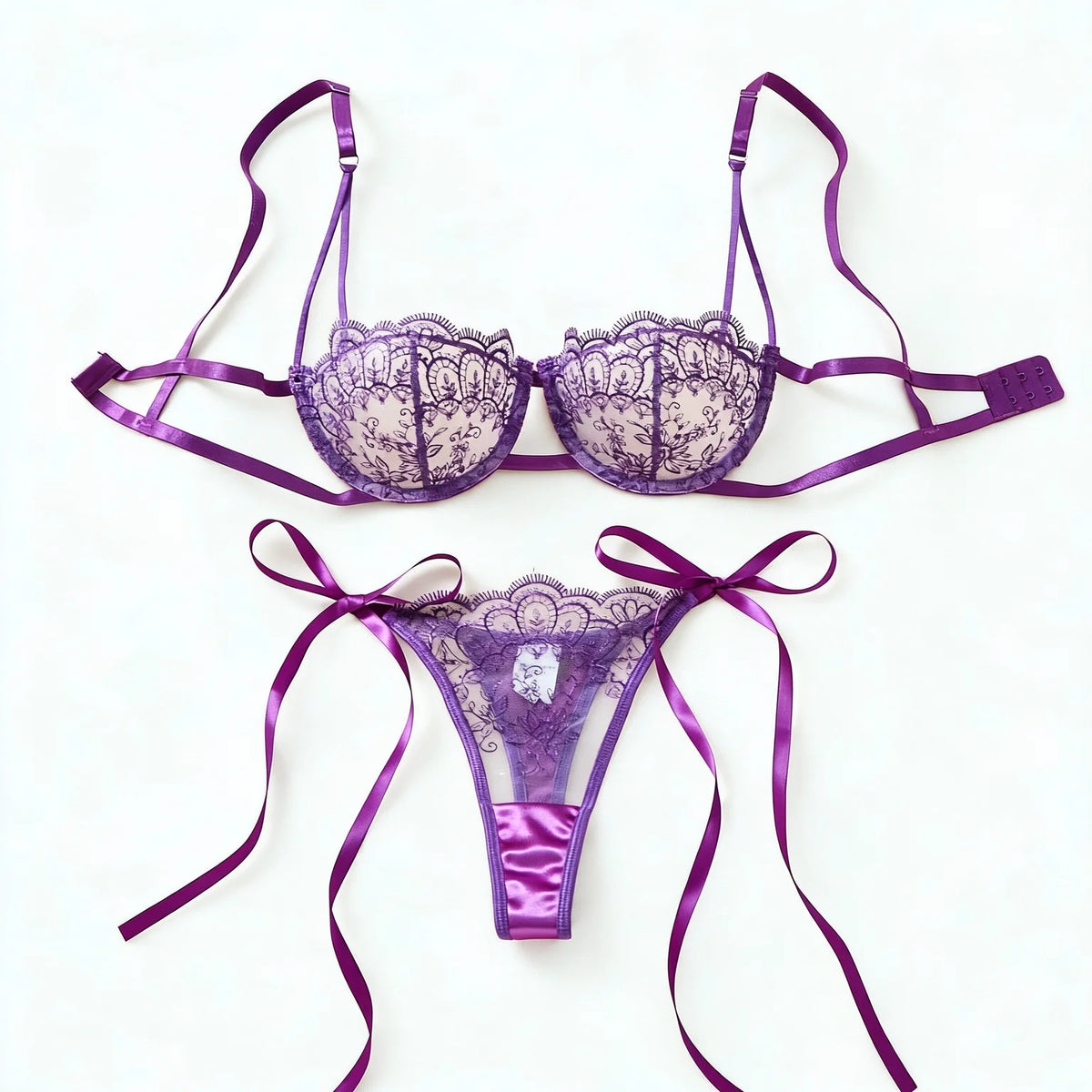 Purple Floral Embroidered Bra & Tie-Side Thong Set