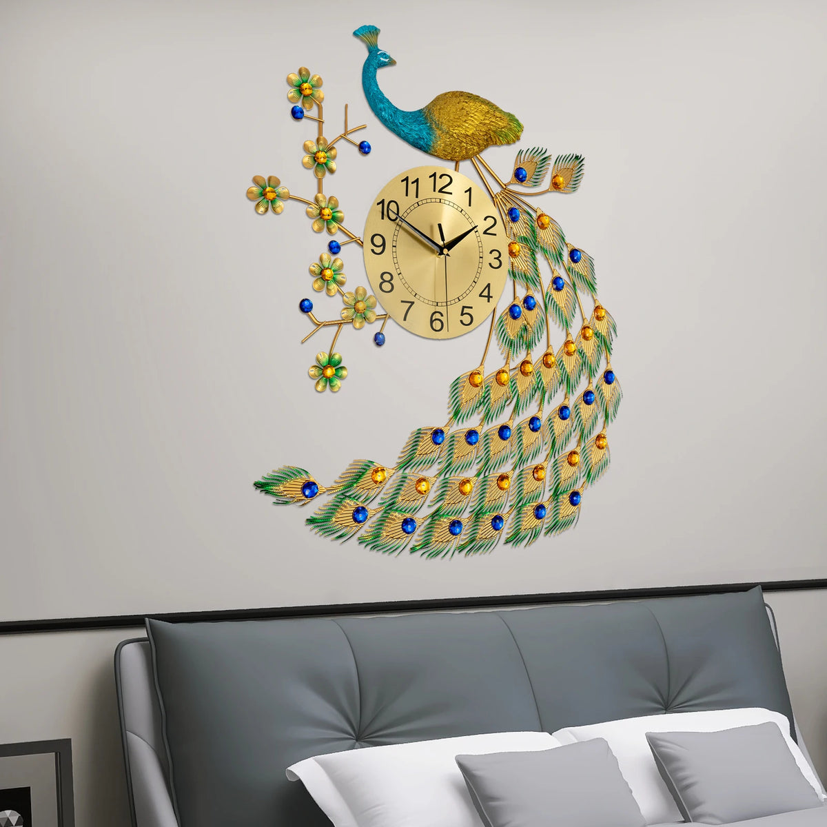 75x65cm Wall Clock, Home Decorative Clock, Peacock Design Iron Acrylic Aluminum Durable Elegant Symbol for Living Room Bedroom Kitchen Entryway