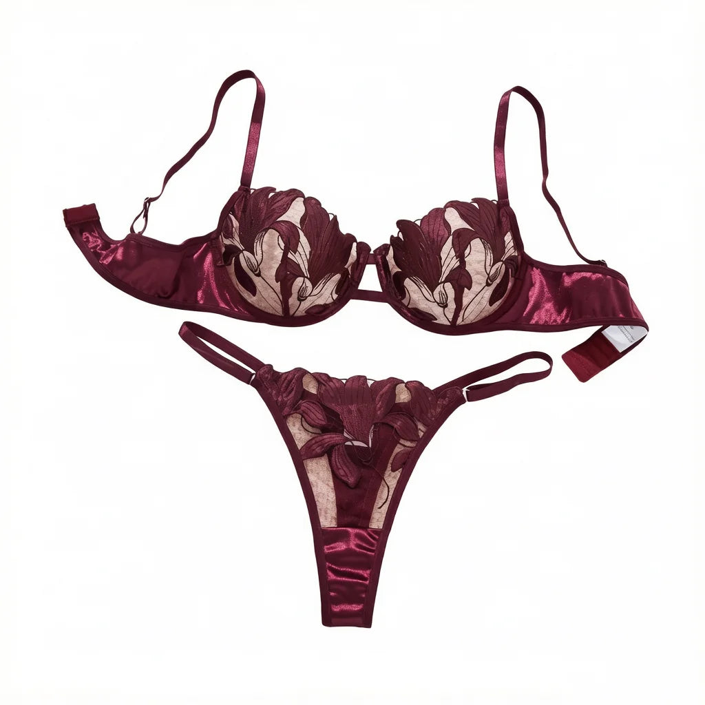 Purple Floral Embroidered Bra & Thong Set