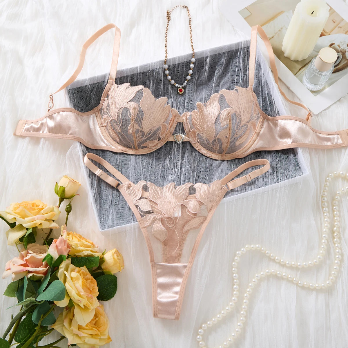 Champagne Floral Embroidered Mesh Bra & Thong Set