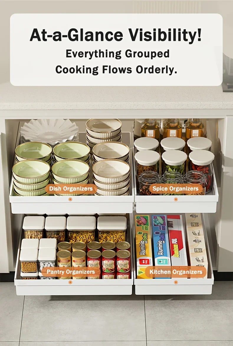 No-Drill Magic Tray Heavy-duty slide-out organizer for cabinets/sinks. Easy install, huge space saver! Perfect for tiny homes