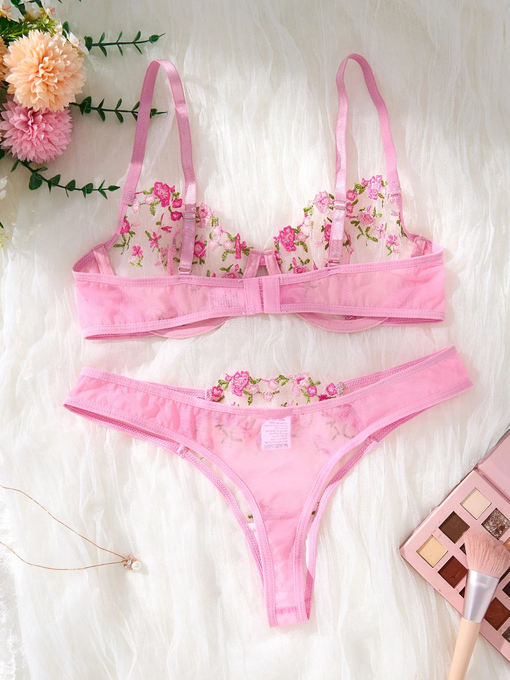 Pink Floral Embroidered Bra & Thong Set