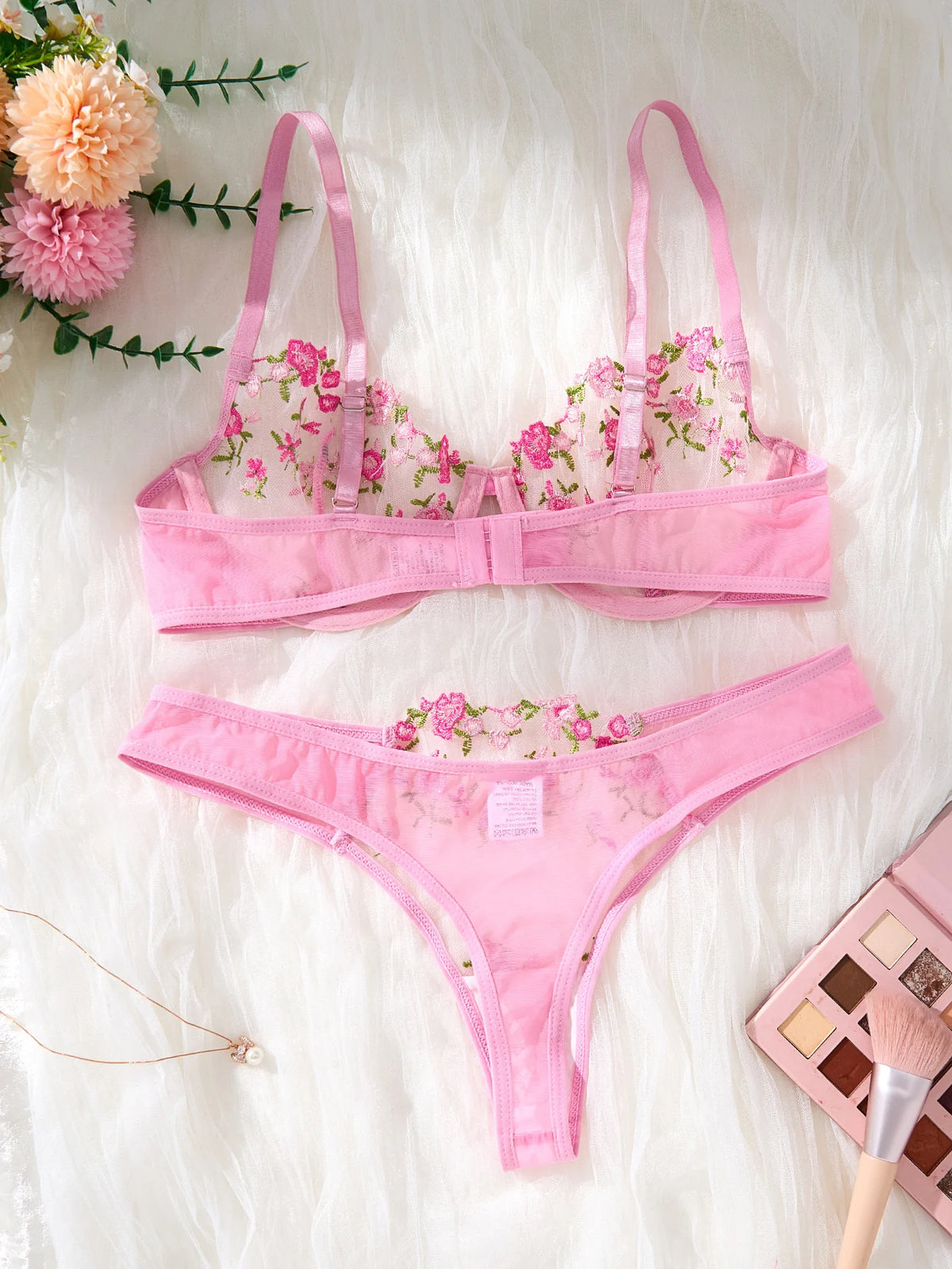 Pink Floral Embroidered Bra & Thong Set