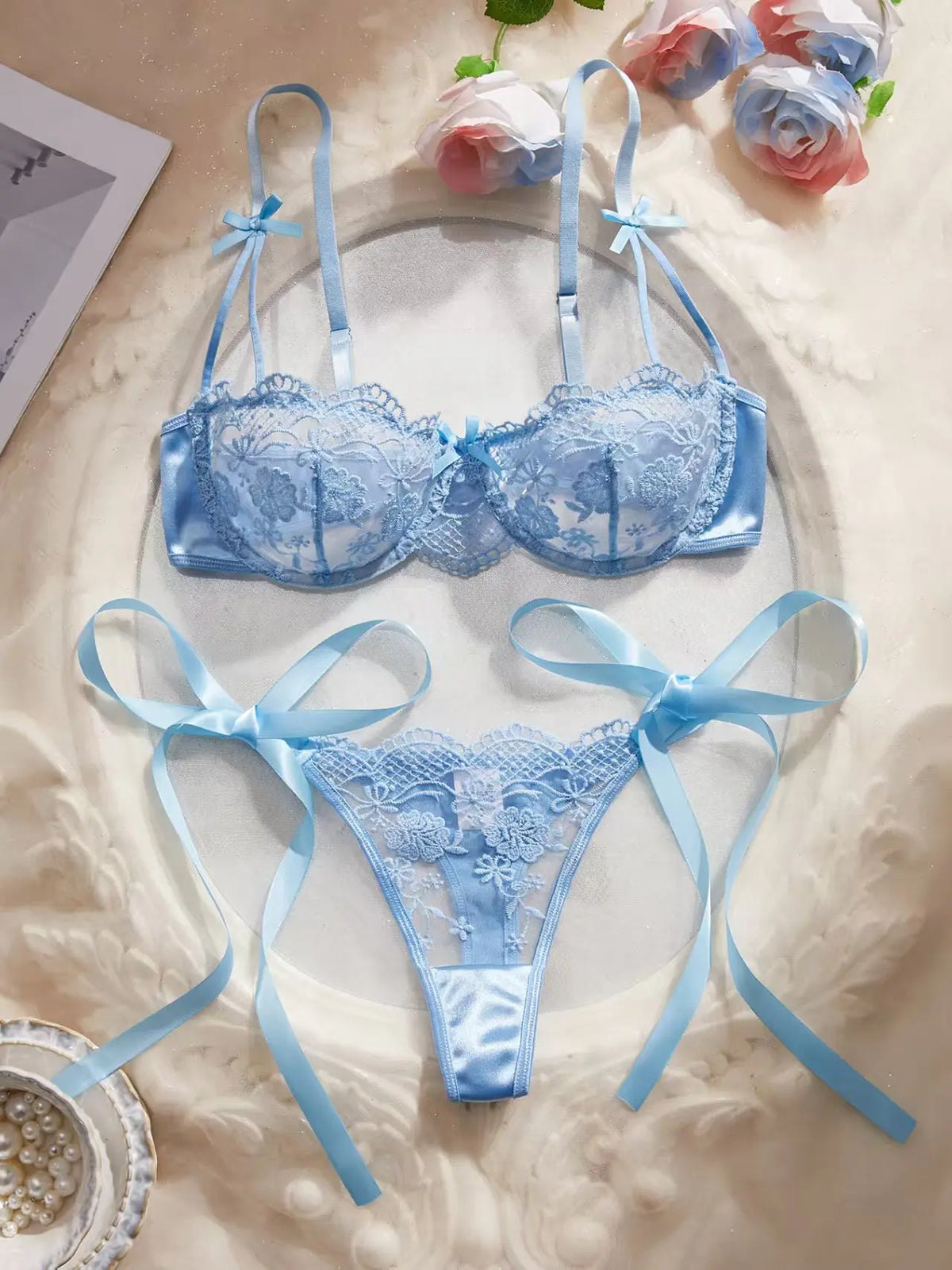 Women's Satin Floral Embroidered Lingerie Set