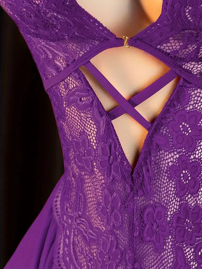 Front Clasp Open Bra Porn Lingerie Corset Deep V Sexy Crotchless Claret Underwear Women Lace Hollow Bras Hot Baby Doll Dress