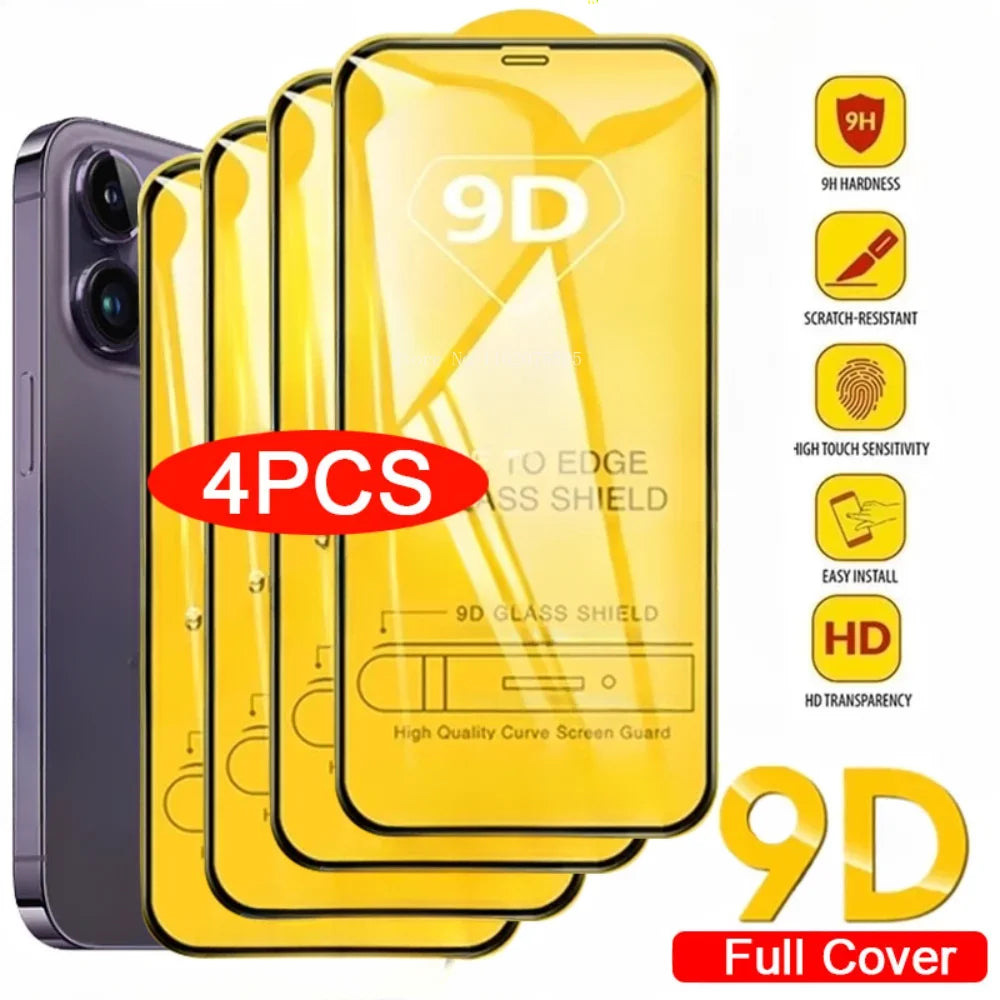 4PCS 9D Full Cover Tempered Glass For iPhone 17 16 15 14 Pro Max 16 15 Plus Screen Protector For iPhone 13 12 11 Pro X XR XS Max