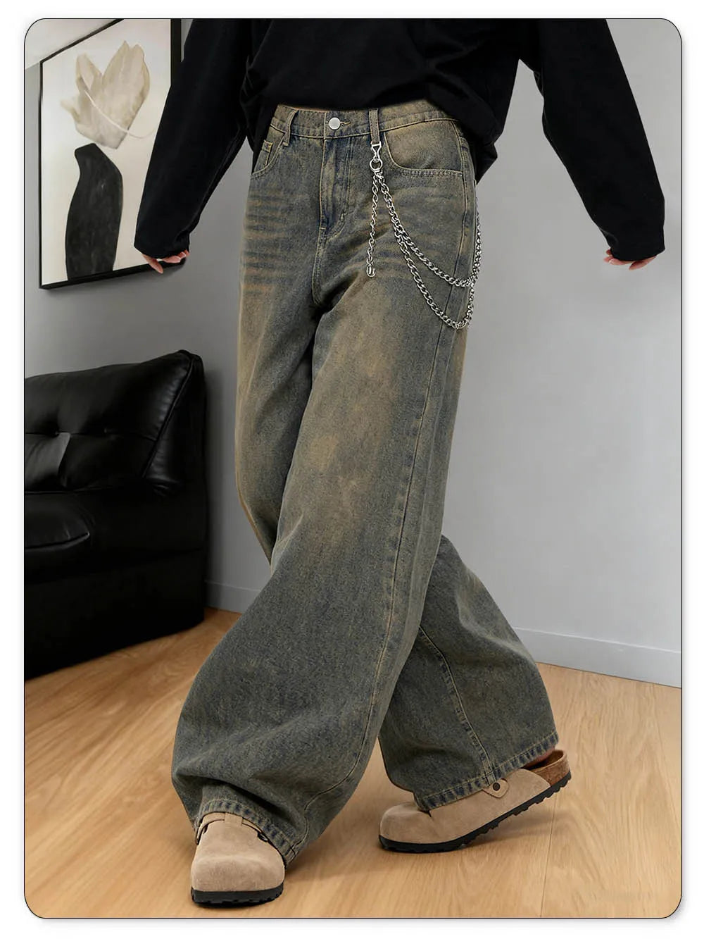 LIYS American Retro Baggy Wide Leg Jeans Men's Streetwear Distressed Y2K Clothing Casual Daily Four Seasons Denim Pants Unisex