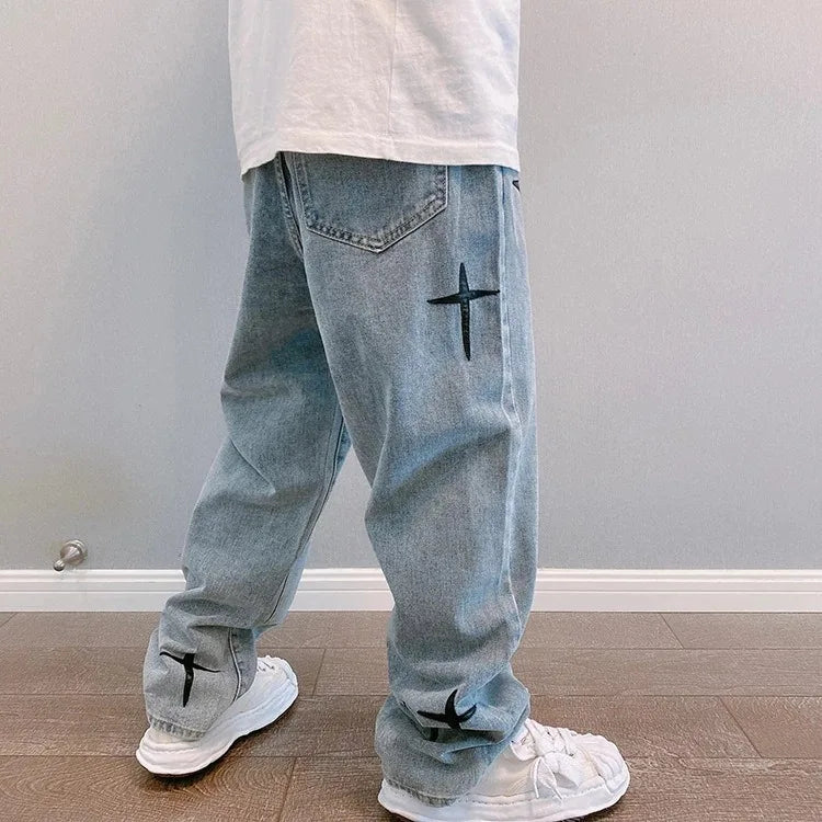 Boyfriend Vintage Fashion Straight Casual Loose Denim Cargo Pants Men Designer Prints Star Jeans Streetwear Loose Wide Leg Jeans
