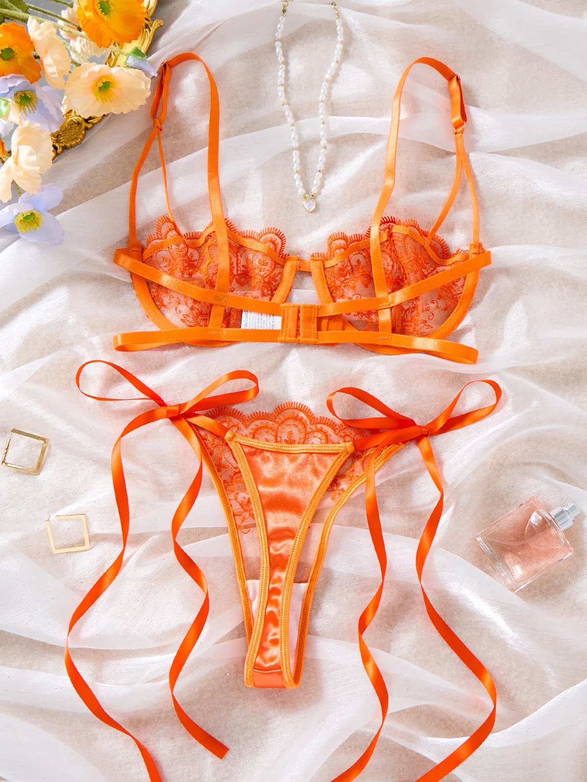 Orange Floral Embroidered Bra & Tie-Side Thong Set