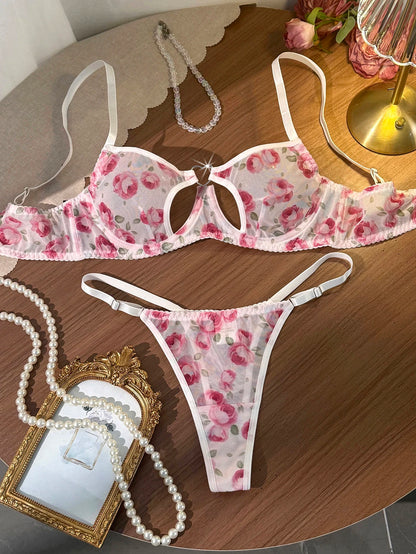 Women's Pink Rose Sheer Mesh Bra & Thong Set