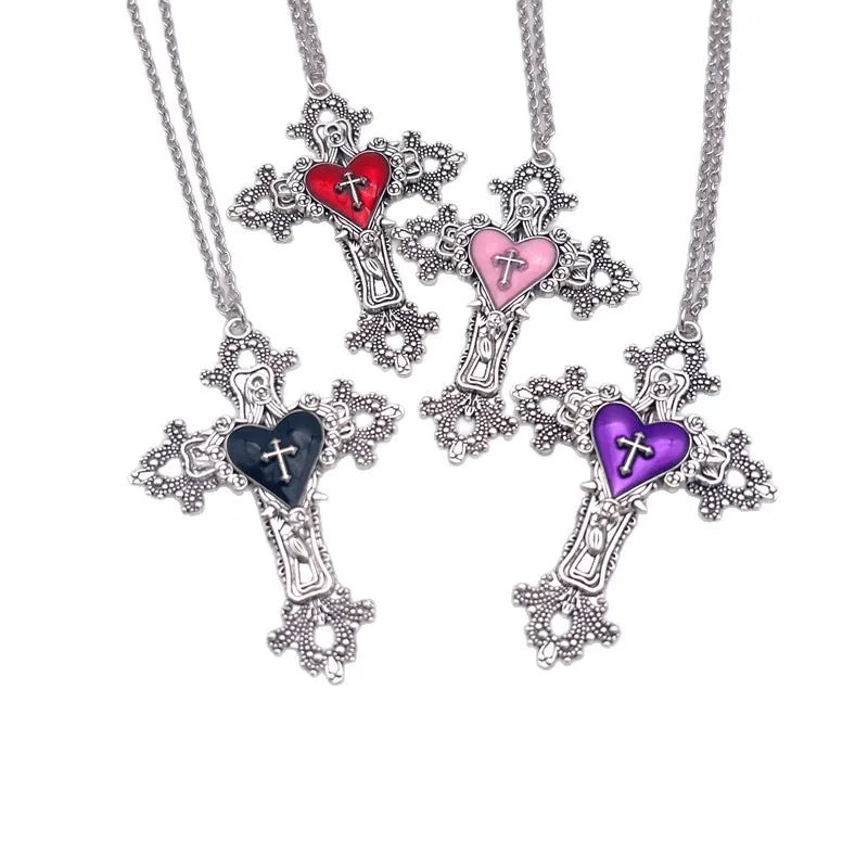 Y2K Gothic Big Cross Necklace Pink Black Red Heart Irregular Goth Large Cross Pendant Necklaces for Men Women Couple Jewelry